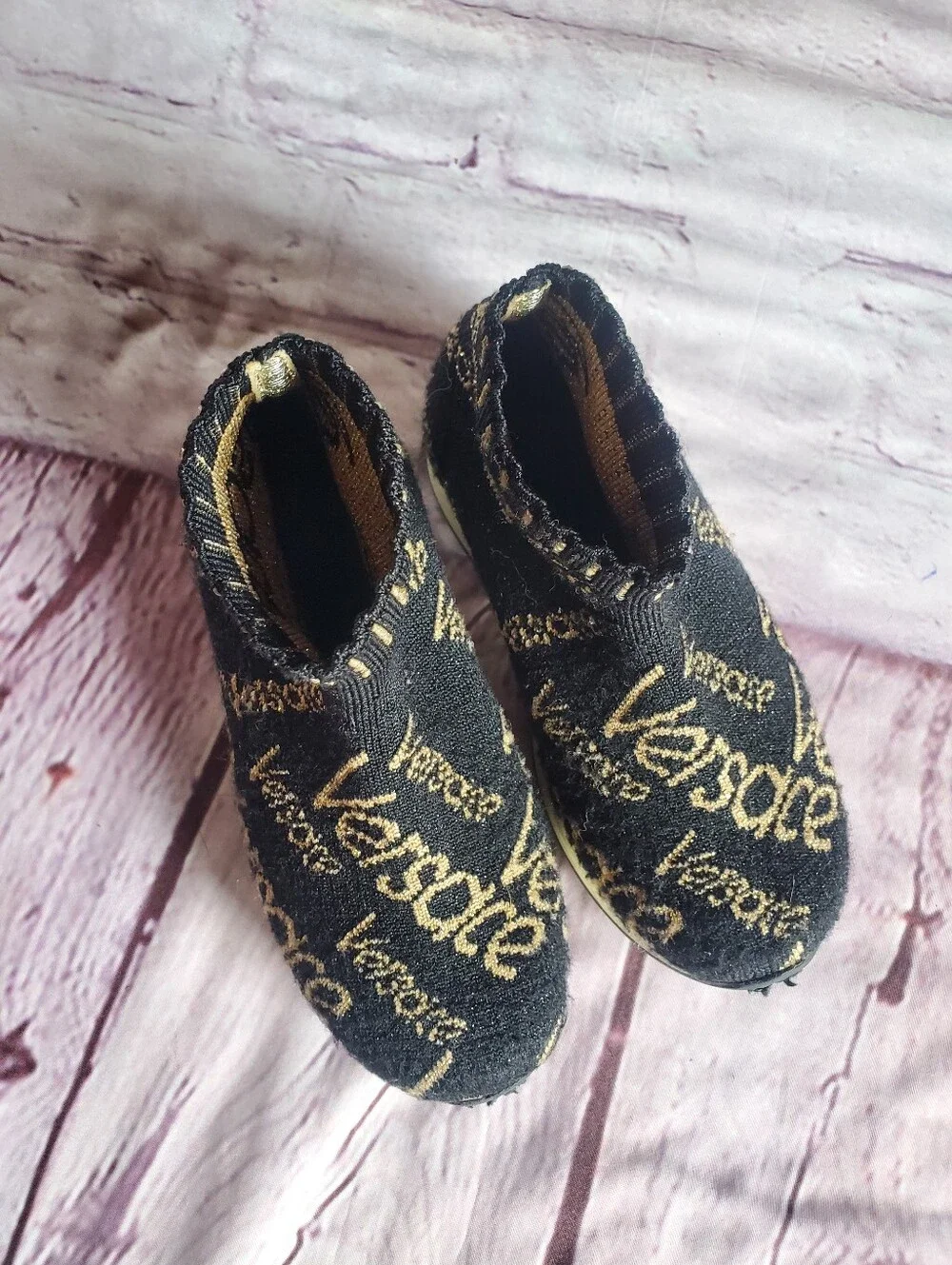 Versace Toddler Sneakers Shoes Sz 26 Sock-fit Knit Slip-on Ankle Black & Golden